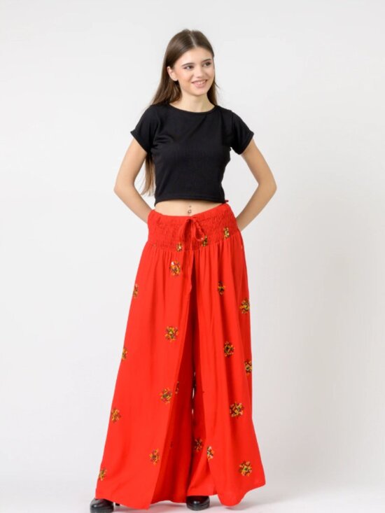 Pants - 258. Red flap viscose Pants with sequin embroidery